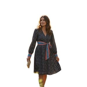 Sandro‎ Paris Black Blue Orange Starburst Floral Print Midi Dress Long Sleeve S